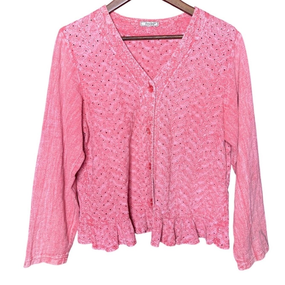 Focus USA Women Medium‎ Pink Eyelet Embroidered Ruffle Hem Button Cardigan Top